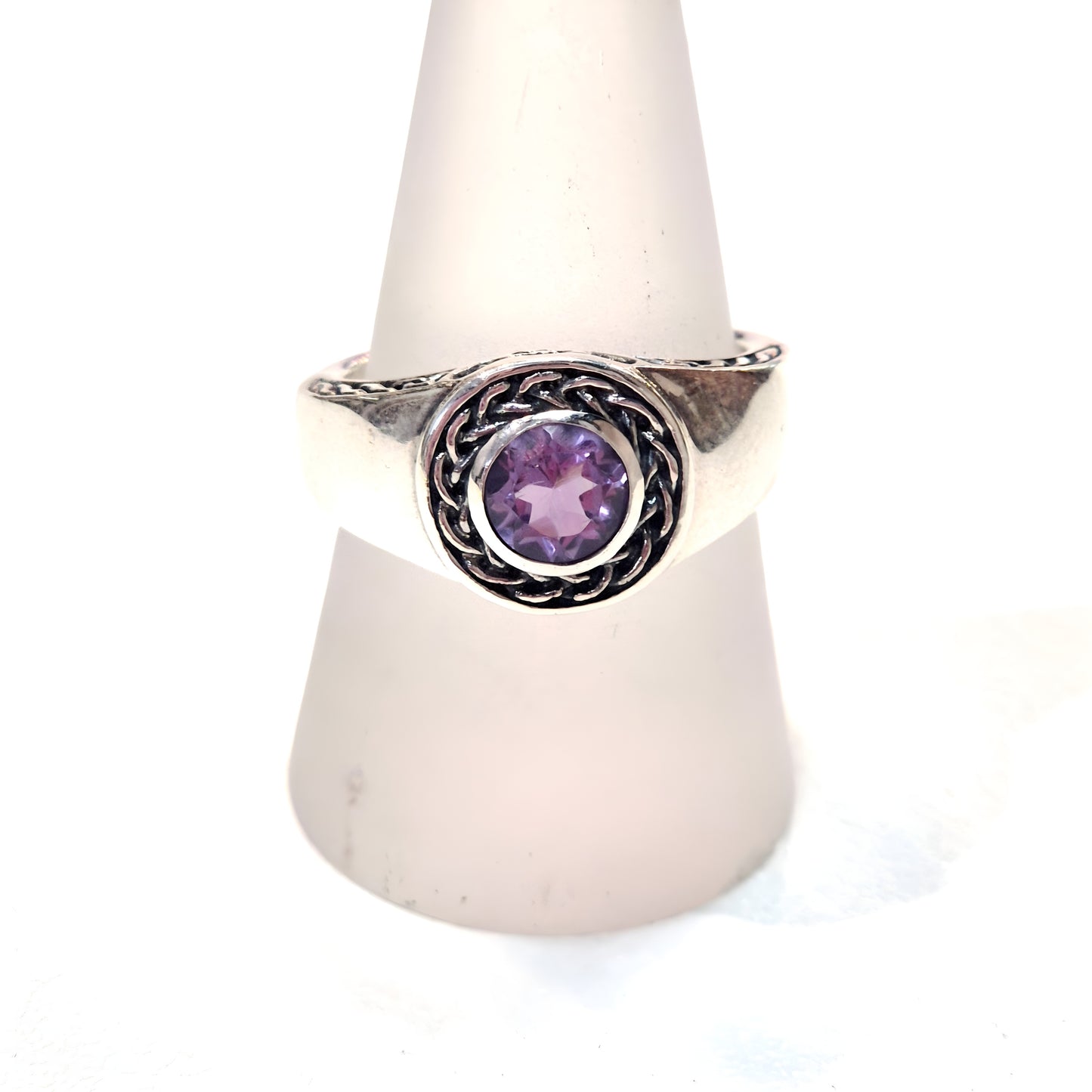 Vintage-Inspired Amethyst Braided Detail Sterling Silver Ring