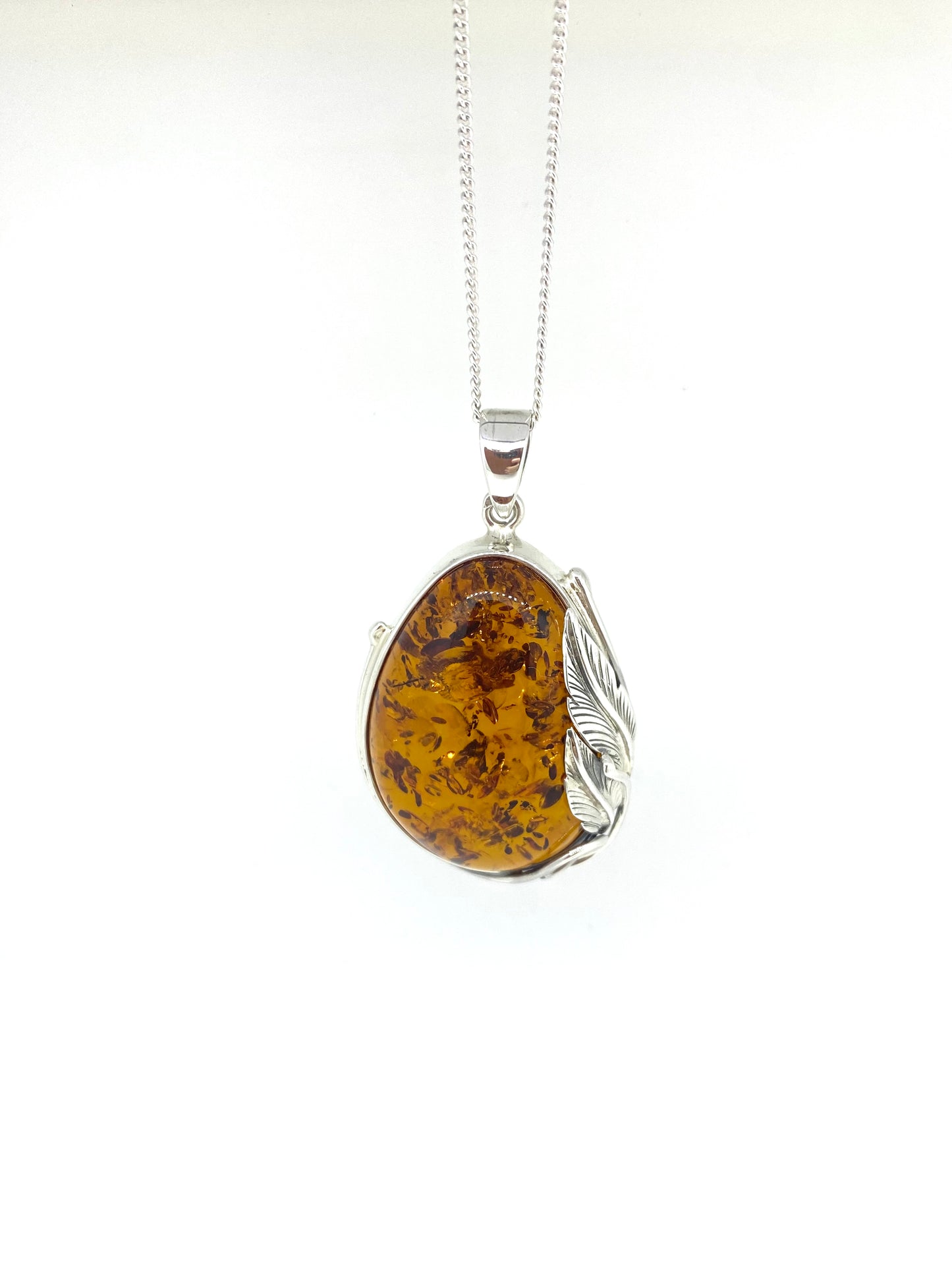 Large Silver leaf and Amber Pendant
