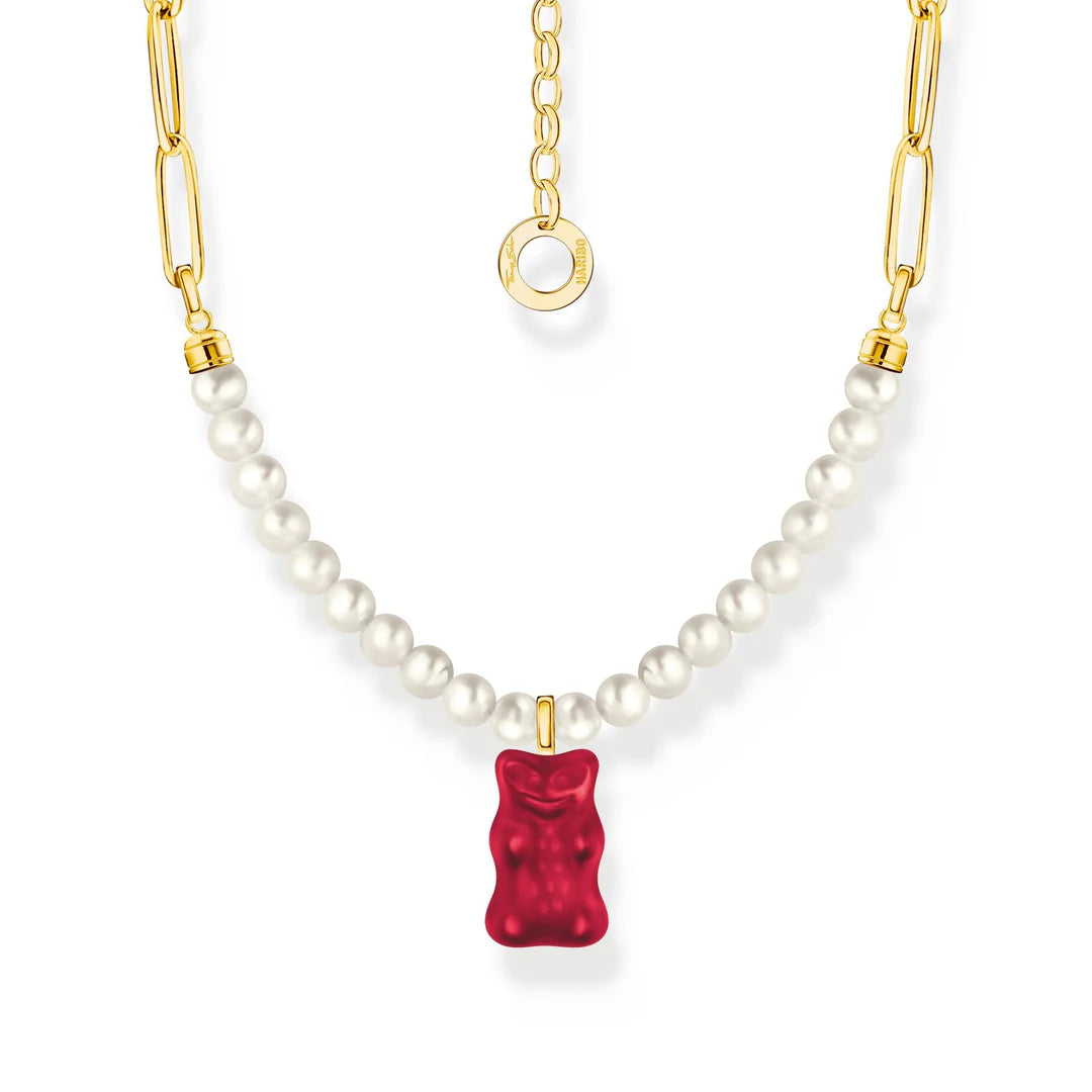 Gold Necklace with Freshwater Pearl and Red Goldbear