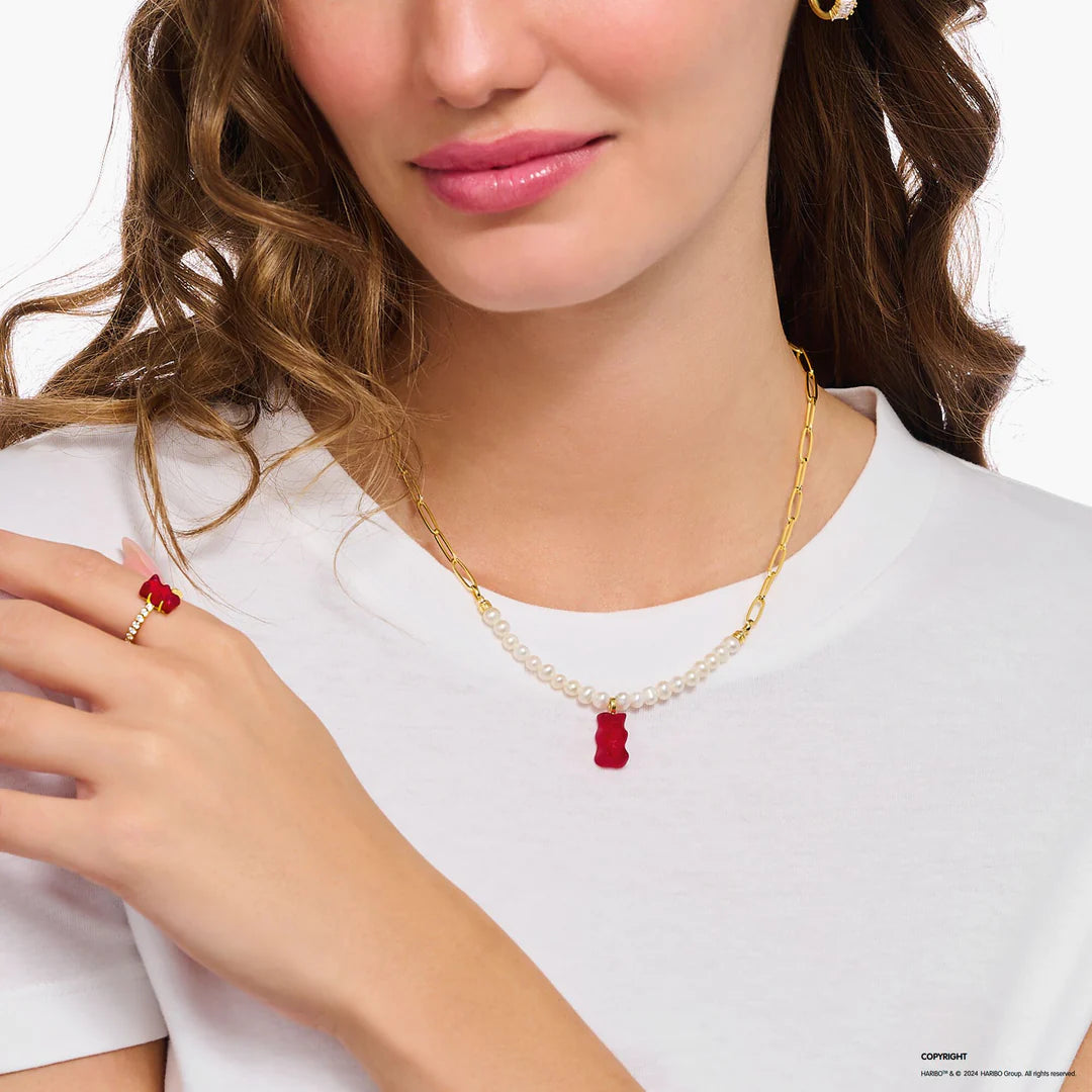 Gold Necklace with Freshwater Pearl and Red Goldbear