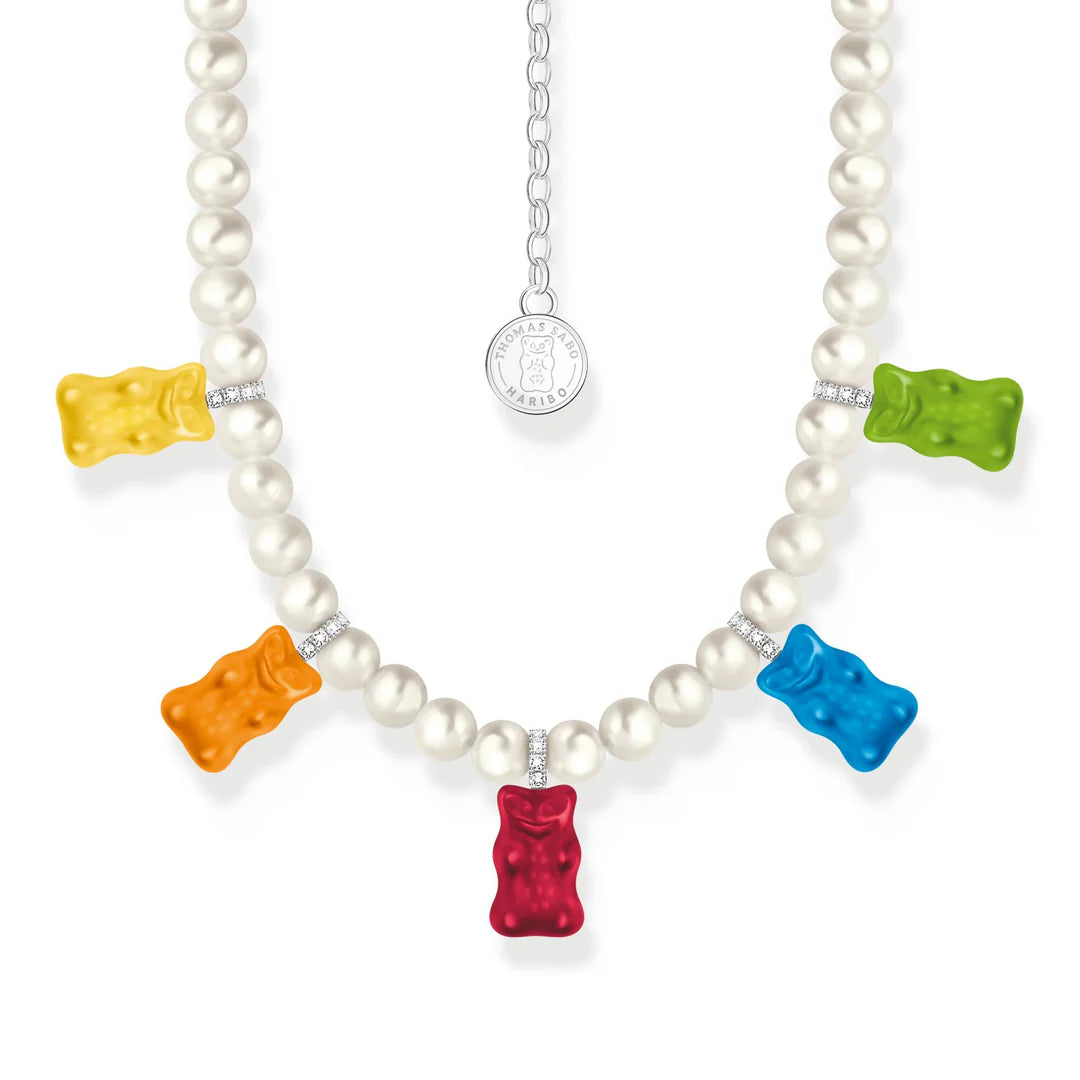 Pearl Necklace with 5 Colourful Goldbears