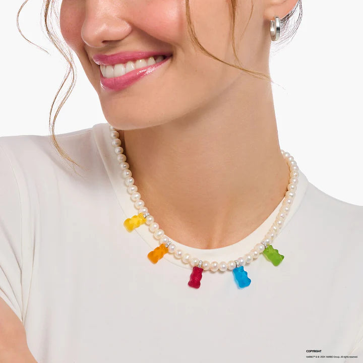 Pearl Necklace with 5 Colourful Goldbears