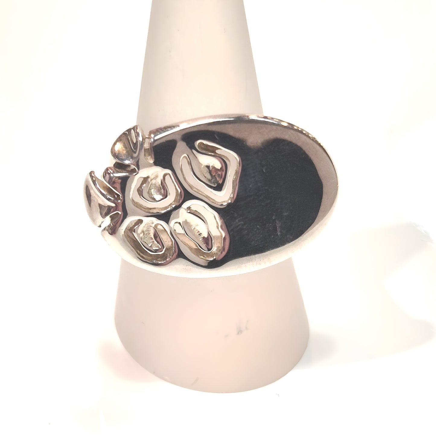 Sterling Silver Oval Ring with Abstract Floral Detail