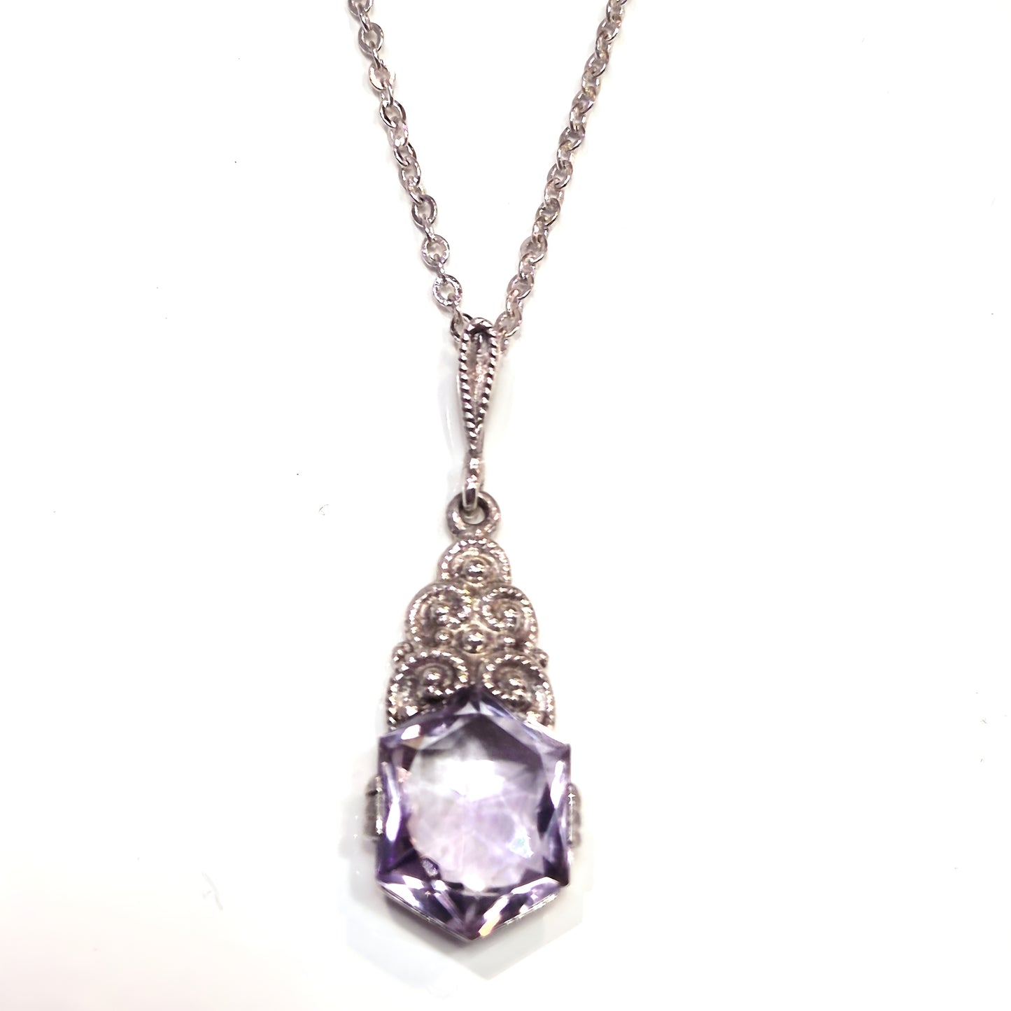 Estate Sterling Silver Pendant with Hexagonal Amethyst & Filigree Detail