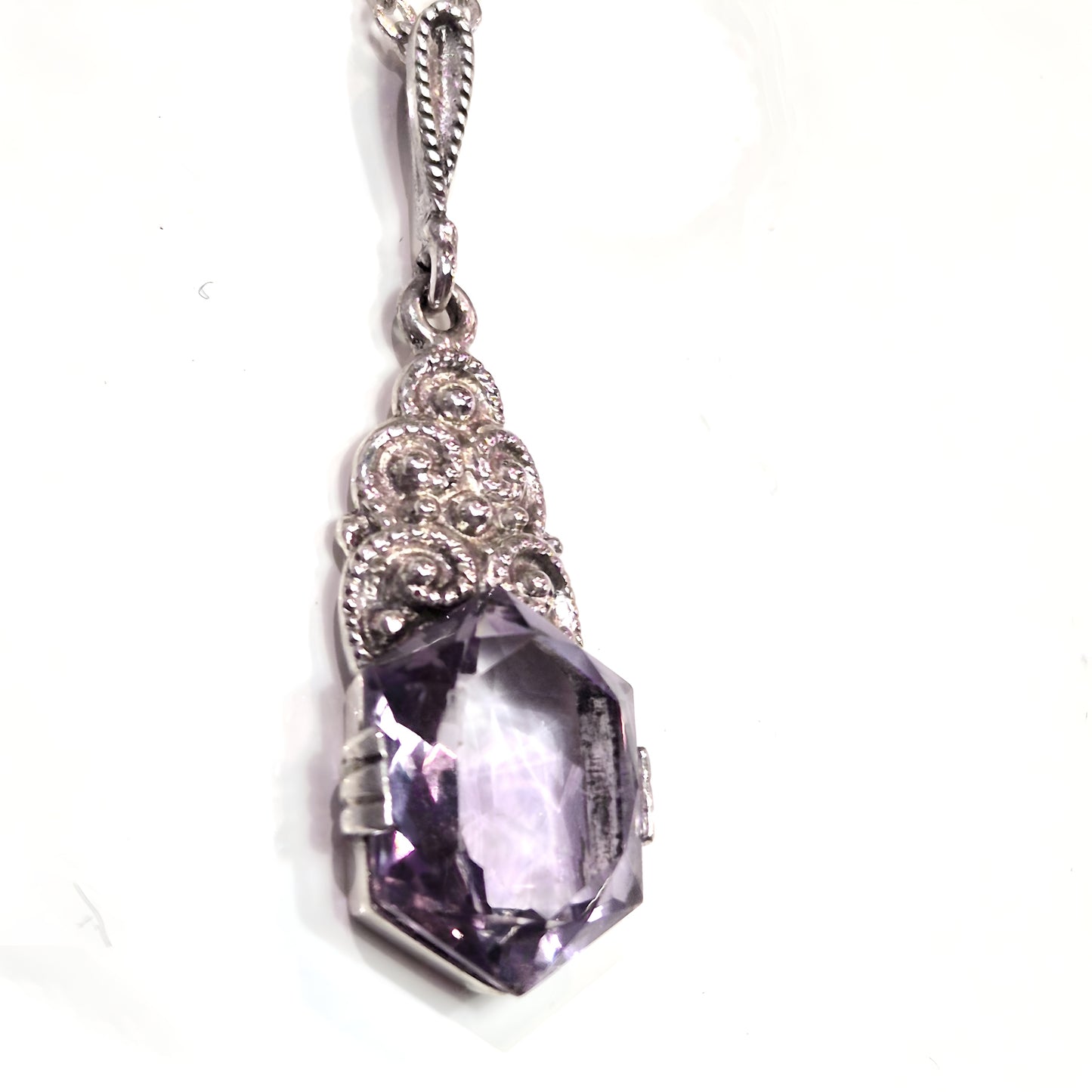 Estate Sterling Silver Pendant with Hexagonal Amethyst & Filigree Detail