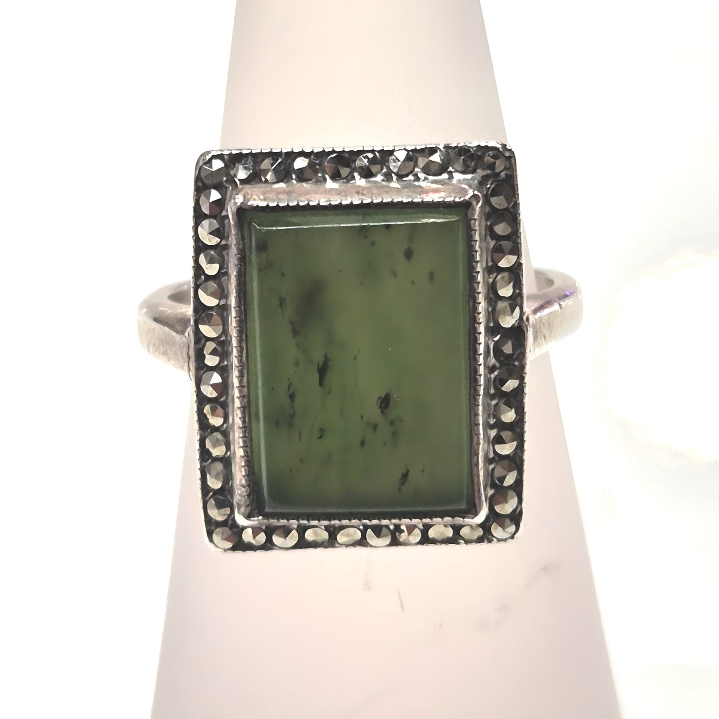 Estate Sterling Silver Marcasite & Green Stone Ring