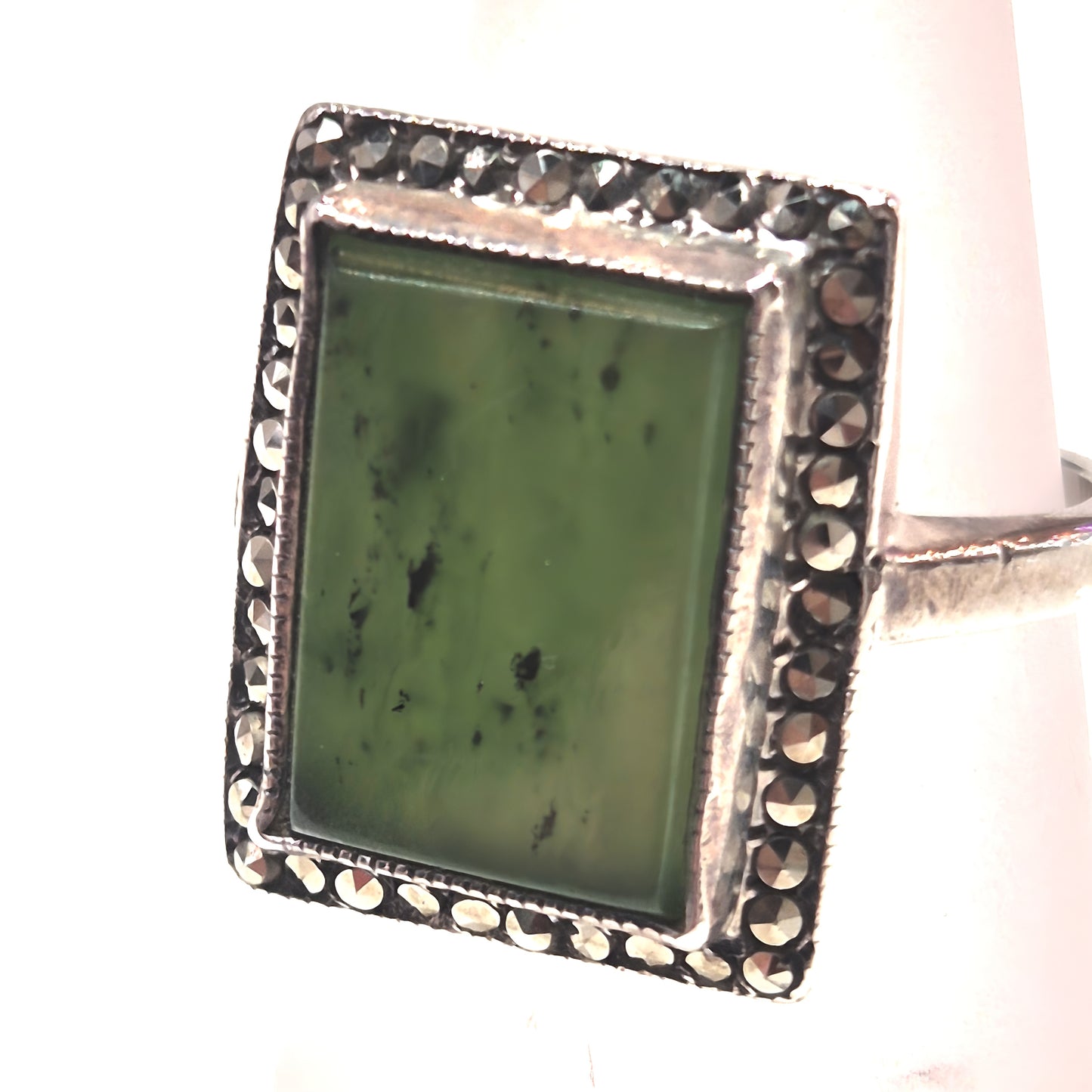 Estate Sterling Silver Marcasite & Green Stone Ring