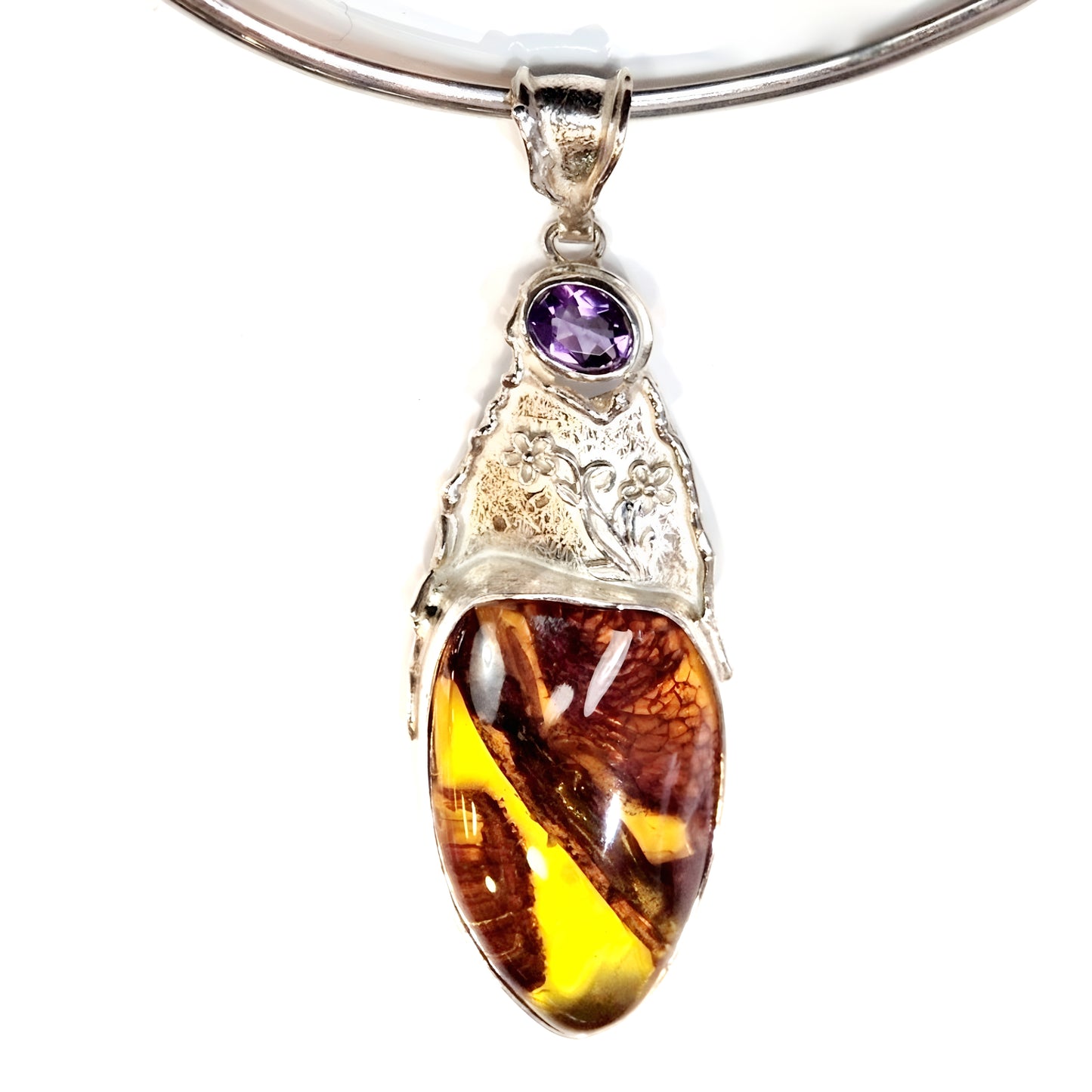 Amber & Amethyst Floral Sterling Silver Pendant