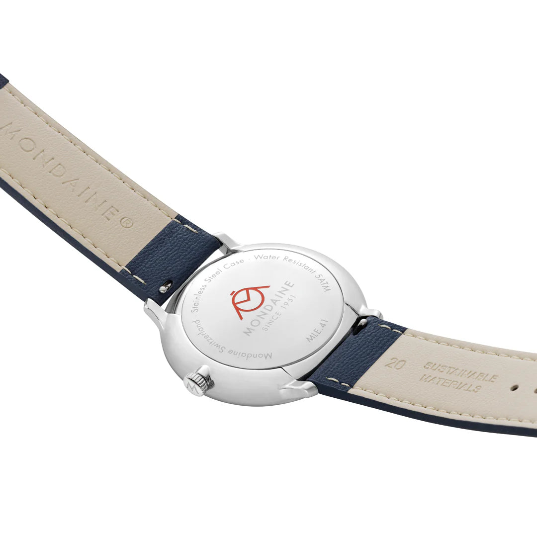 MONDAINE DOPPIO SET
BLUE VEGAN APPLE LEATHER & STAINLESS STEEL, 41 MM