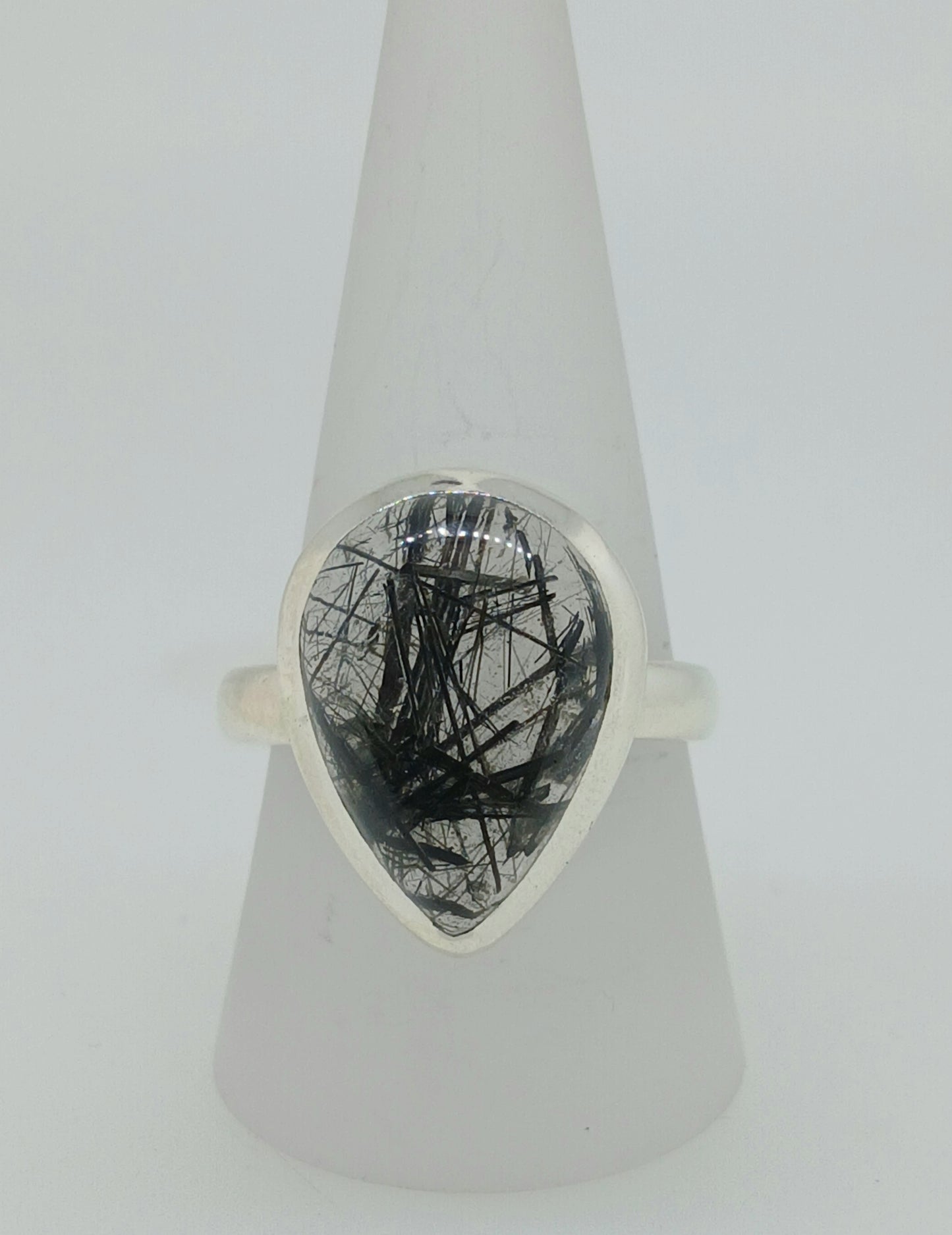 Black Rutilated Quartz Sterling Silver Ring - Teardrop