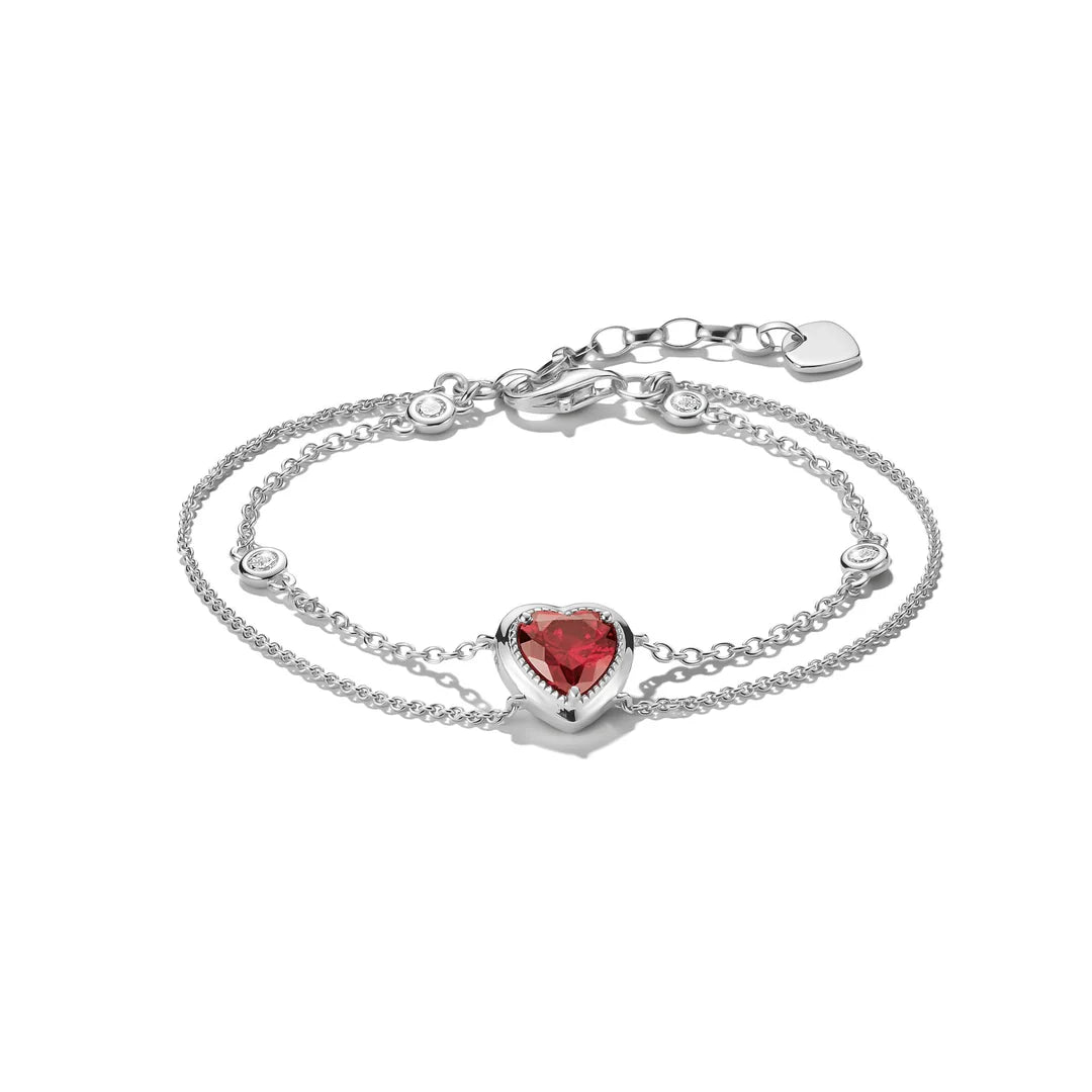 Two-Row Bracelet with Red Heart Stone Silver