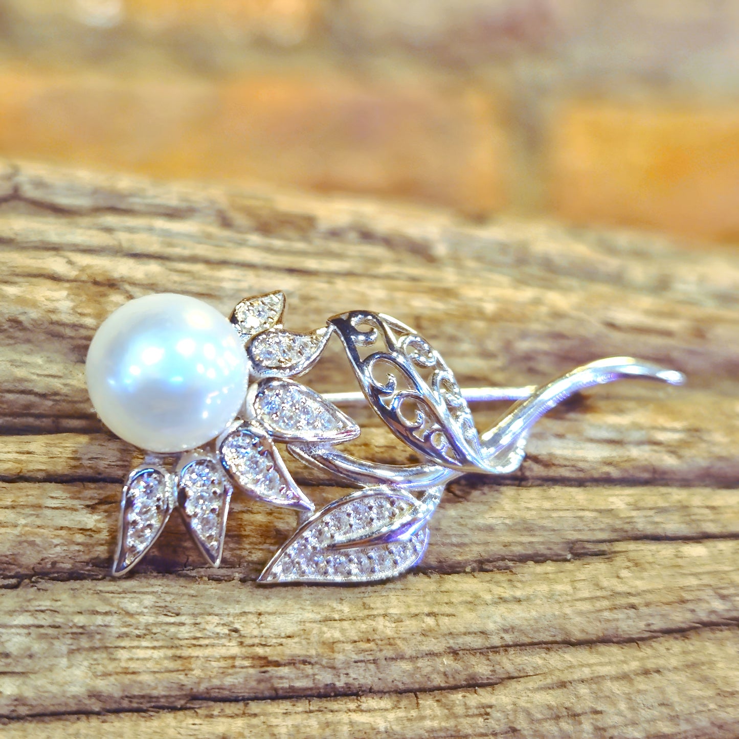 Freshwater Pearl & CZ Floral Brooch