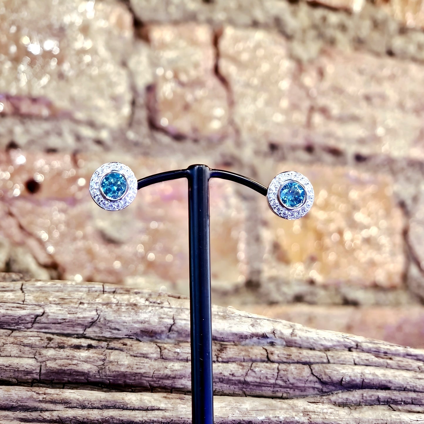 Mint Blue & White CZ Halo Stud Earrings