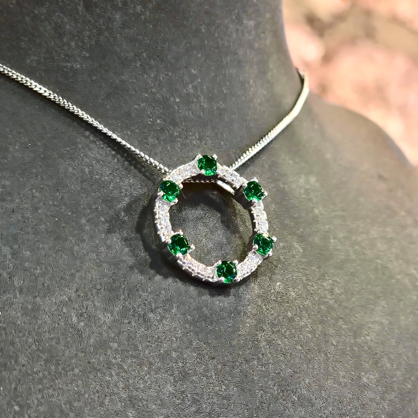 Green CZ Circle Pendant Necklace