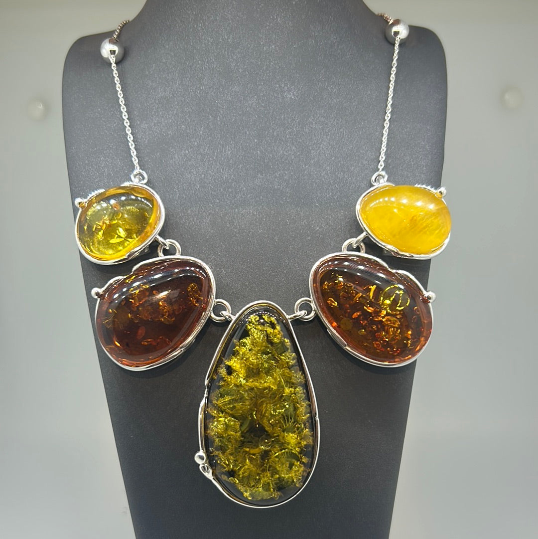 Multi Amber with Silver Balls Necklace