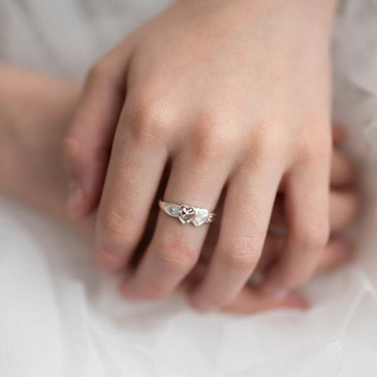 Double Heart mini Signet with Pink CZ