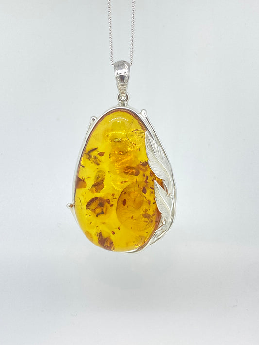 Large Orange Amber and Silver Leaf Pendant