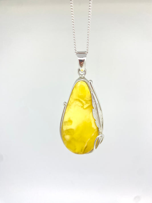 Milky Yellow and Silver Leaf Amber pendant