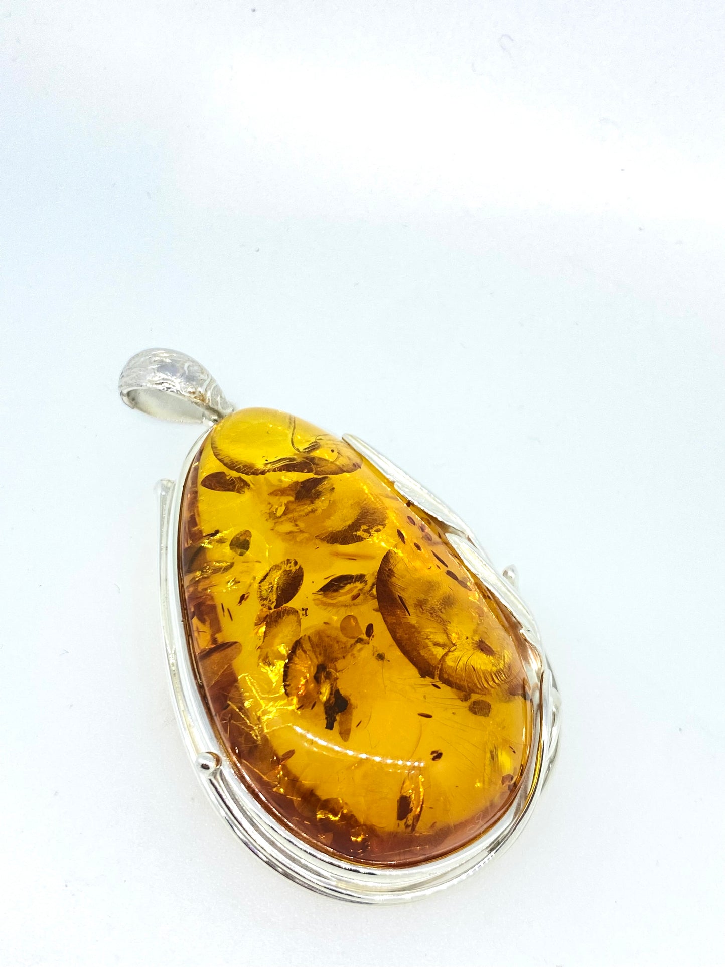 Large Orange Amber and Silver Leaf Pendant