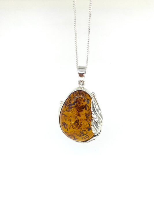 Large Silver leaf and Amber Pendant