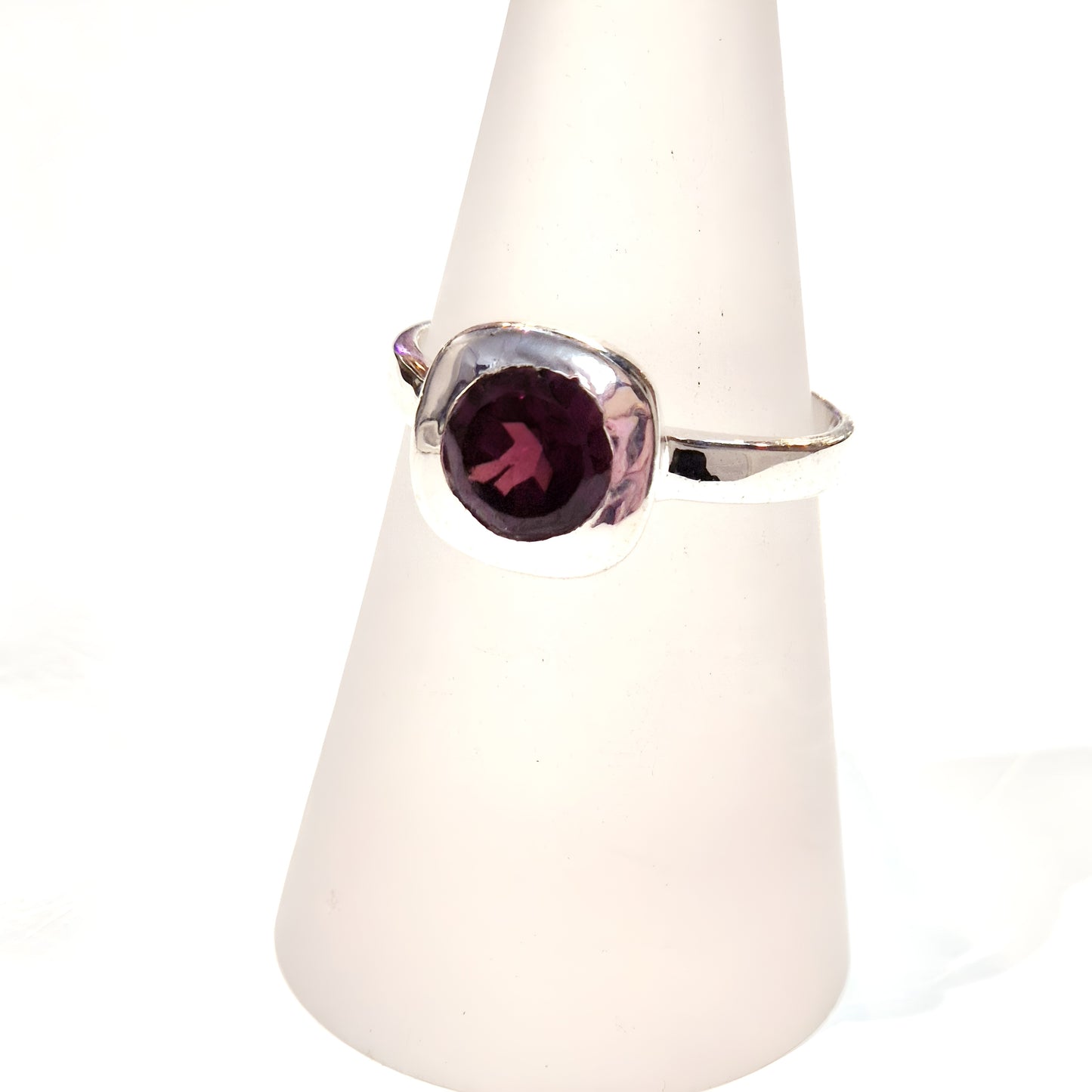 Round Garnet Bezel Sterling Silver Ring