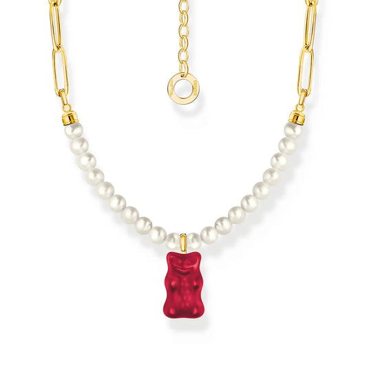 Gold Necklace with Freshwater Pearl and Red Goldbear