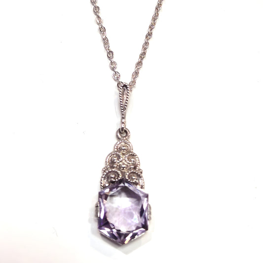 Estate Sterling Silver Pendant with Hexagonal Amethyst & Filigree Detail