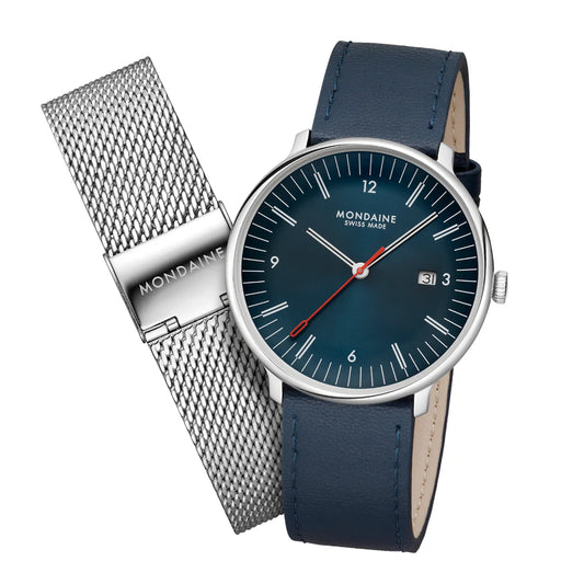 MONDAINE DOPPIO SET
BLUE VEGAN APPLE LEATHER & STAINLESS STEEL, 41 MM