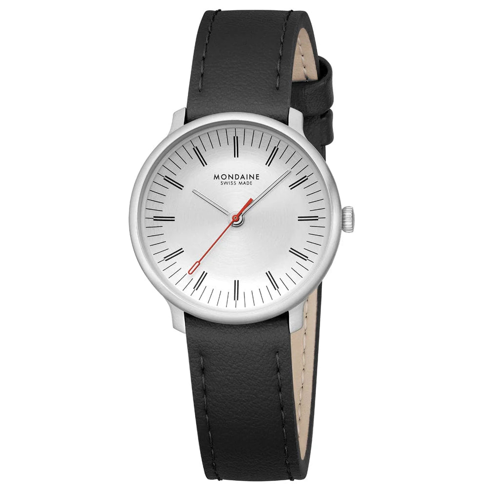 MONDAINE DOPPIO WHITE DIAL BLACK VEGAN GRAPE LEATHER, 33mm