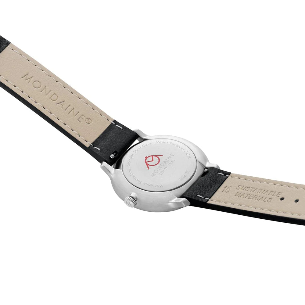 MONDAINE DOPPIO WHITE DIAL BLACK VEGAN GRAPE LEATHER, 33mm