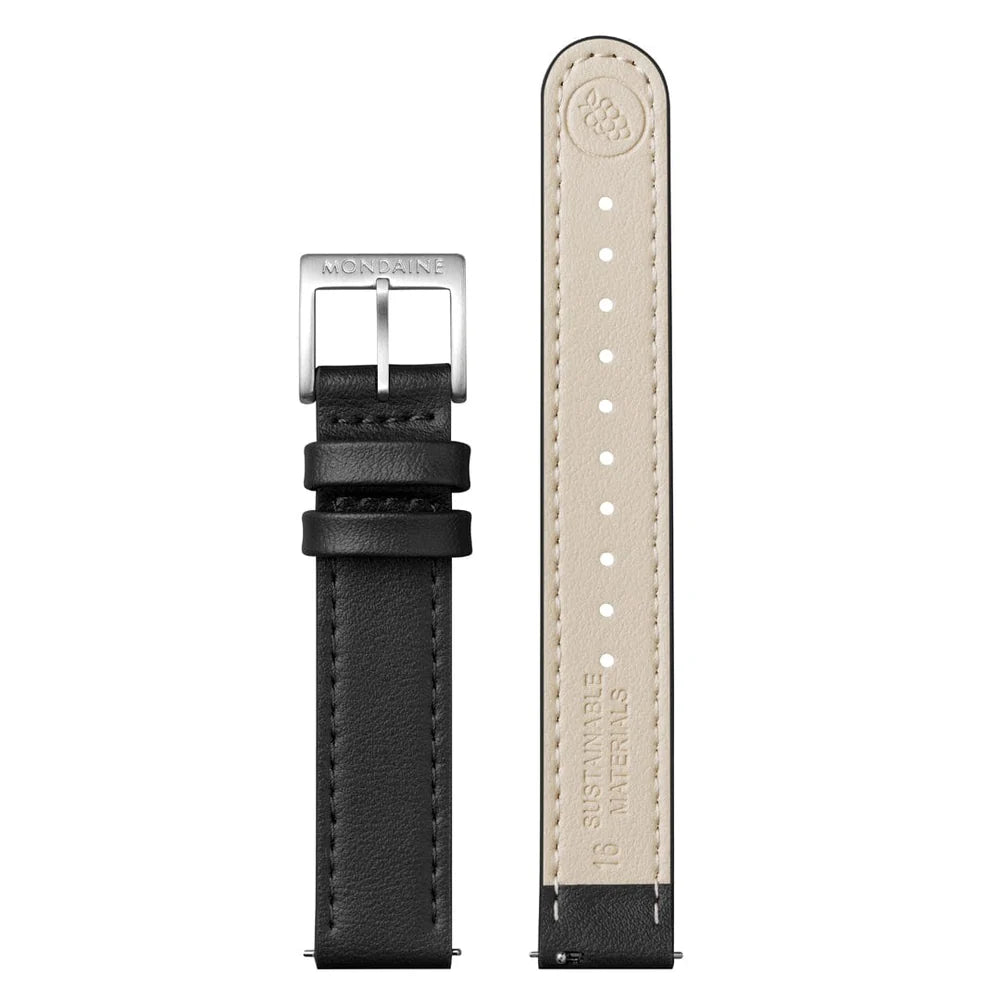 MONDAINE DOPPIO WHITE DIAL BLACK VEGAN GRAPE LEATHER, 33mm