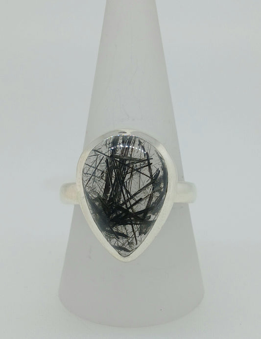 Black Rutilated Quartz Sterling Silver Ring - Teardrop