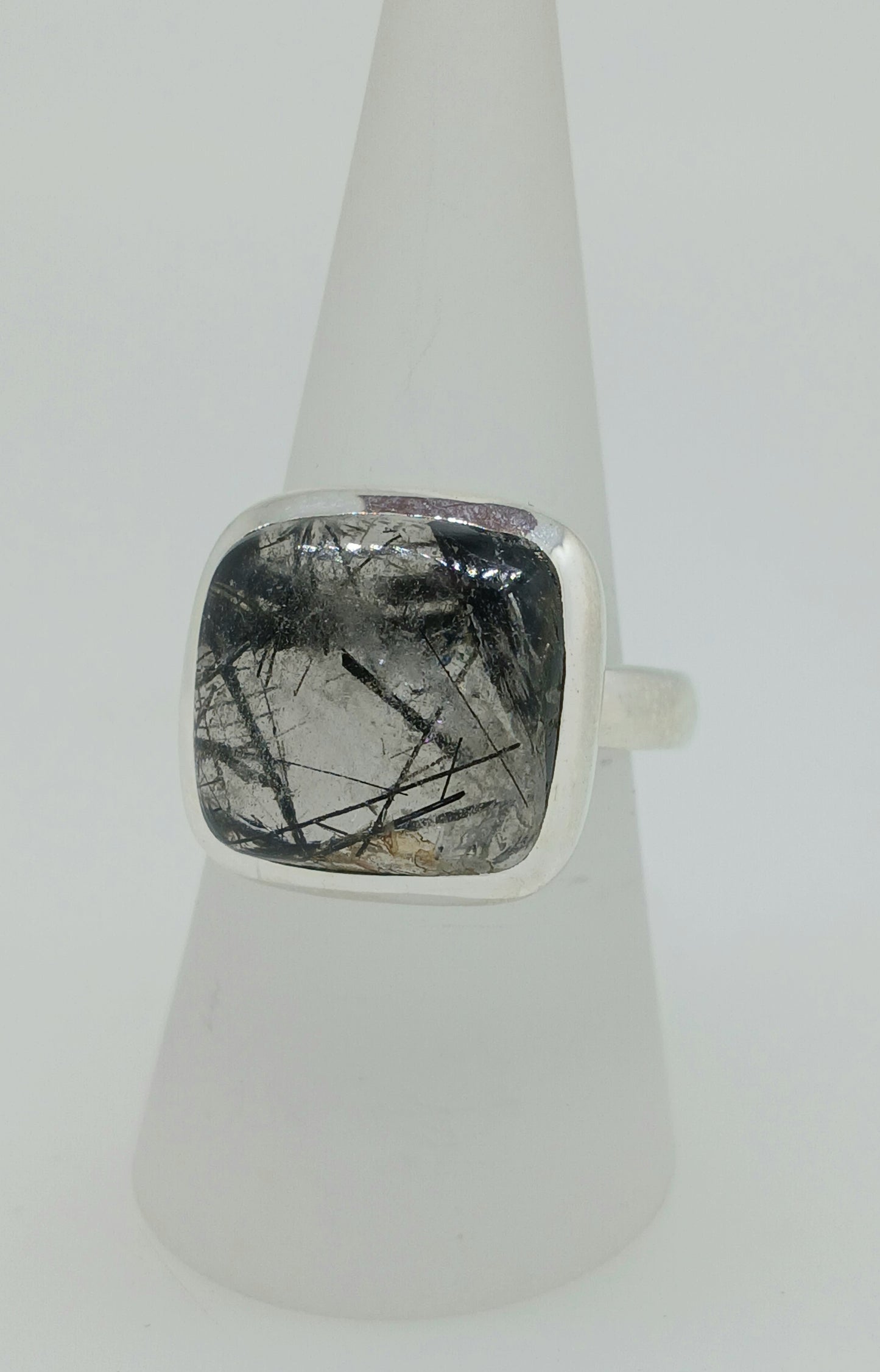 Black Rutilated Quartz Sterling Silver Ring - Square