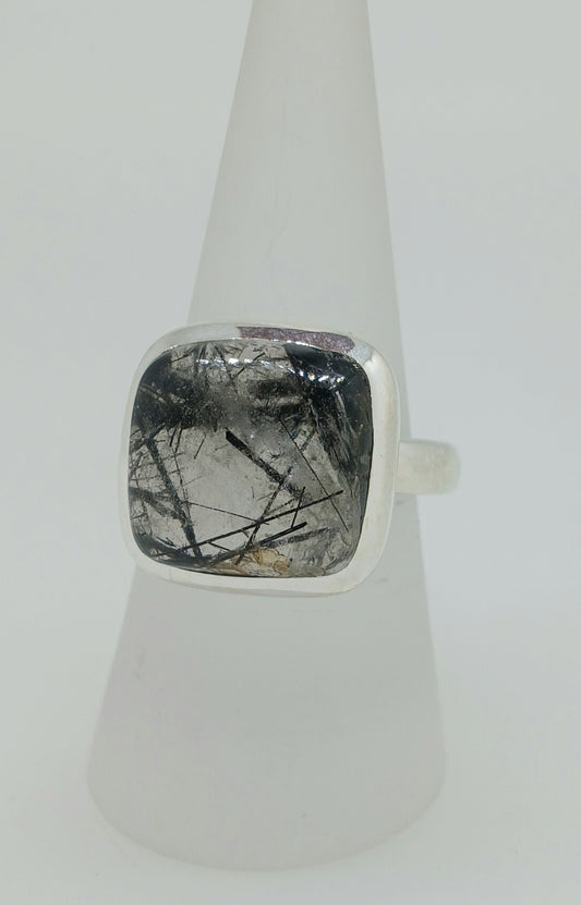 Black Rutilated Quartz Sterling Silver Ring - Square