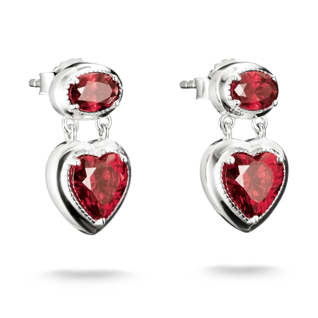 Stud Earrings w/ Red Heart Stones Silver
