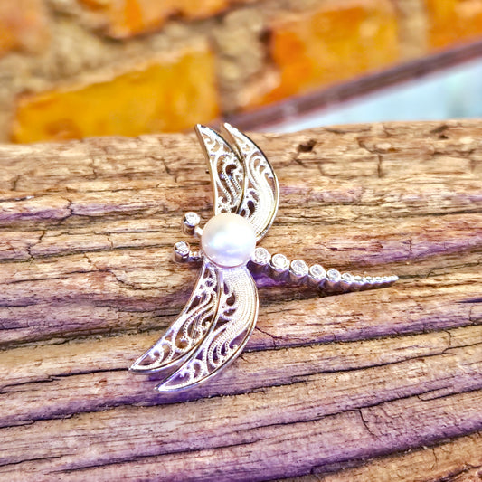 Freshwater Pearl & CZ Dragonfly Brooch