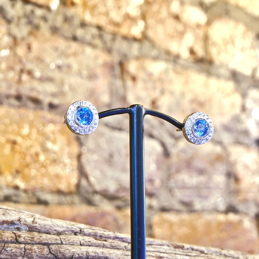 Blue & White CZ Halo Stud Earrings