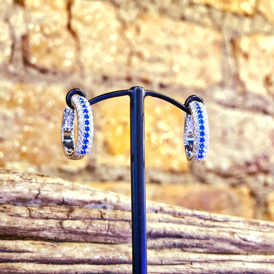Blue & White CZ Double Row Huggie Earrings