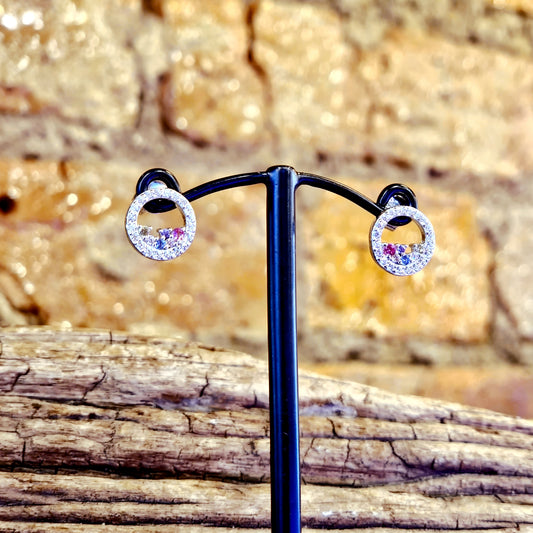 Multi-Coloured CZ Circle Stud Earrings