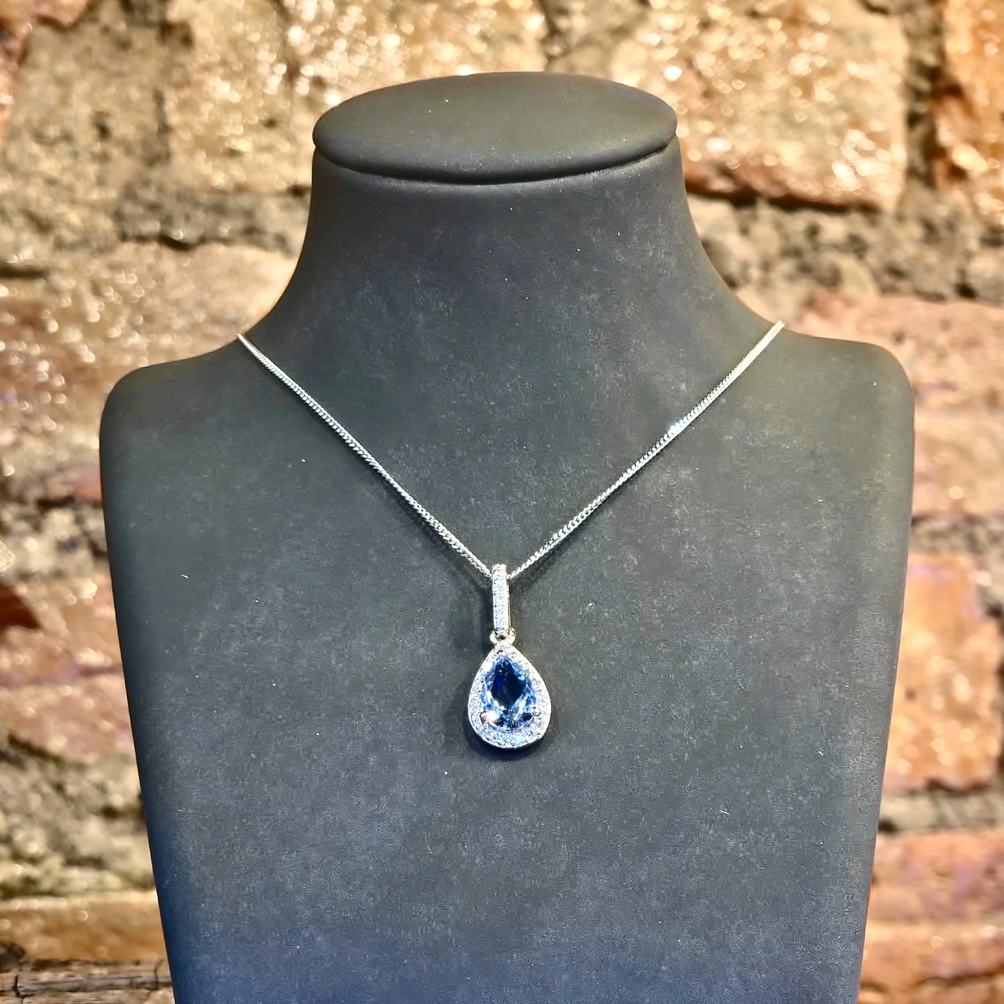 Blue Teardrop CZ Halo Pendant