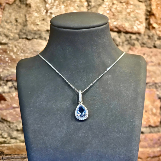 Blue Teardrop CZ Halo Pendant