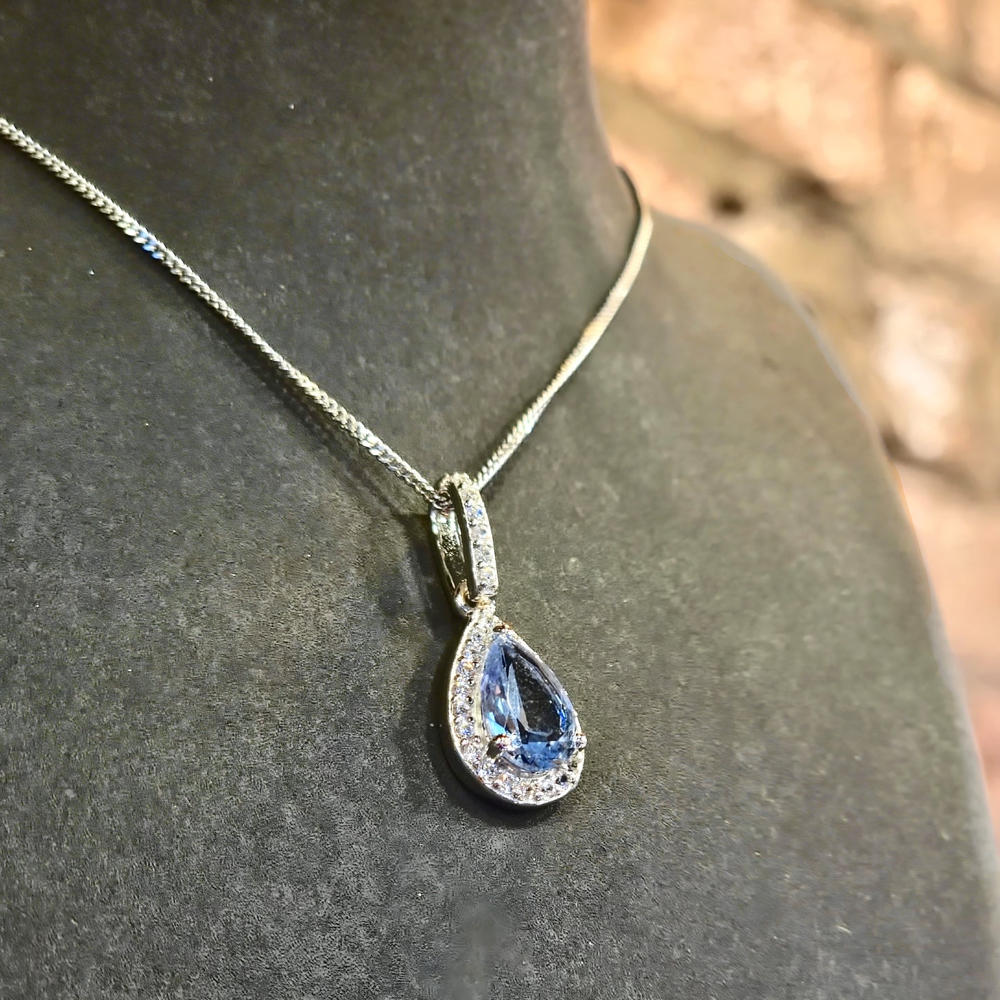 Blue Teardrop CZ Halo Pendant