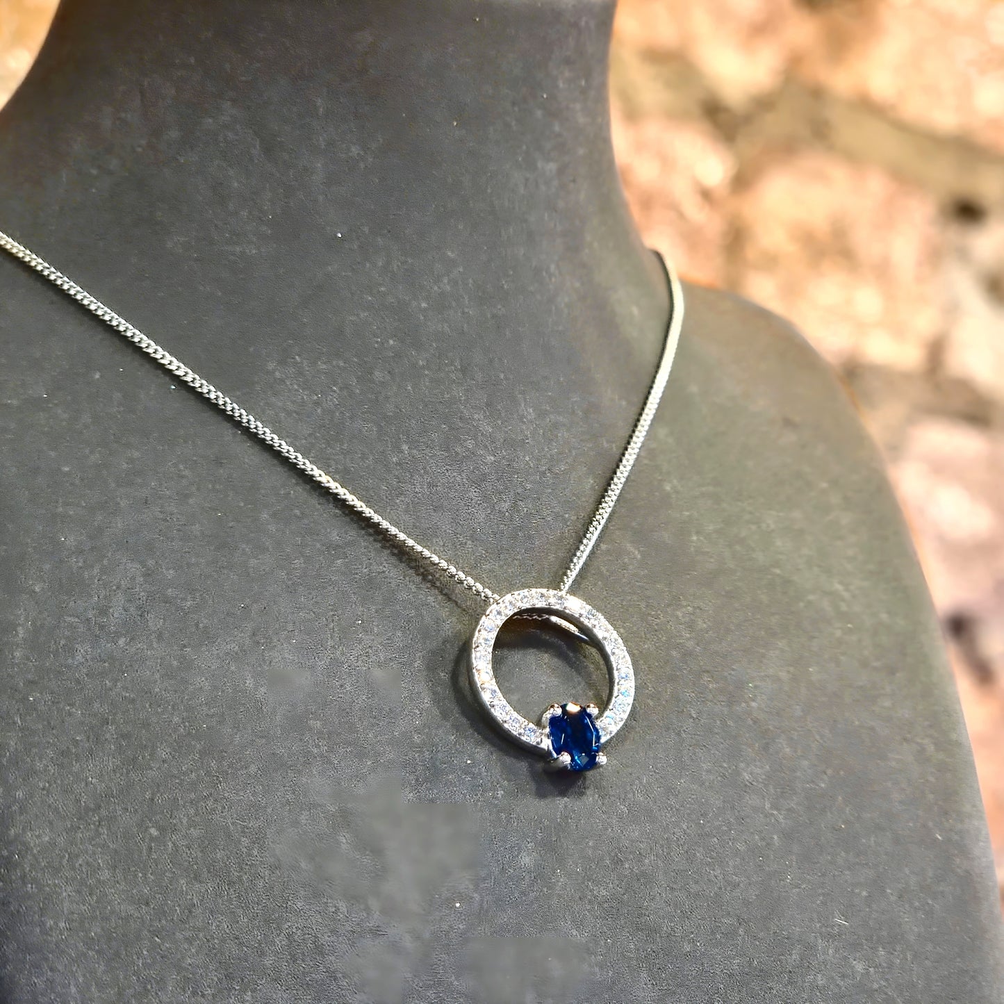 Blue Oval CZ Circle Pendant