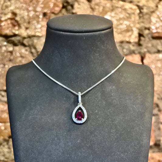 Pear-Cut Red CZ Halo Pendant