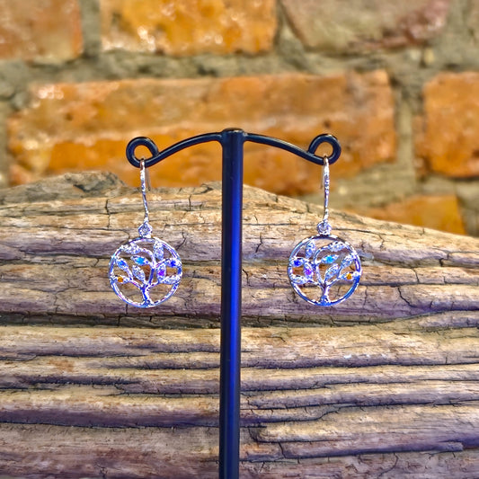 Coloured CZ Tree of Life Drop Earrings
