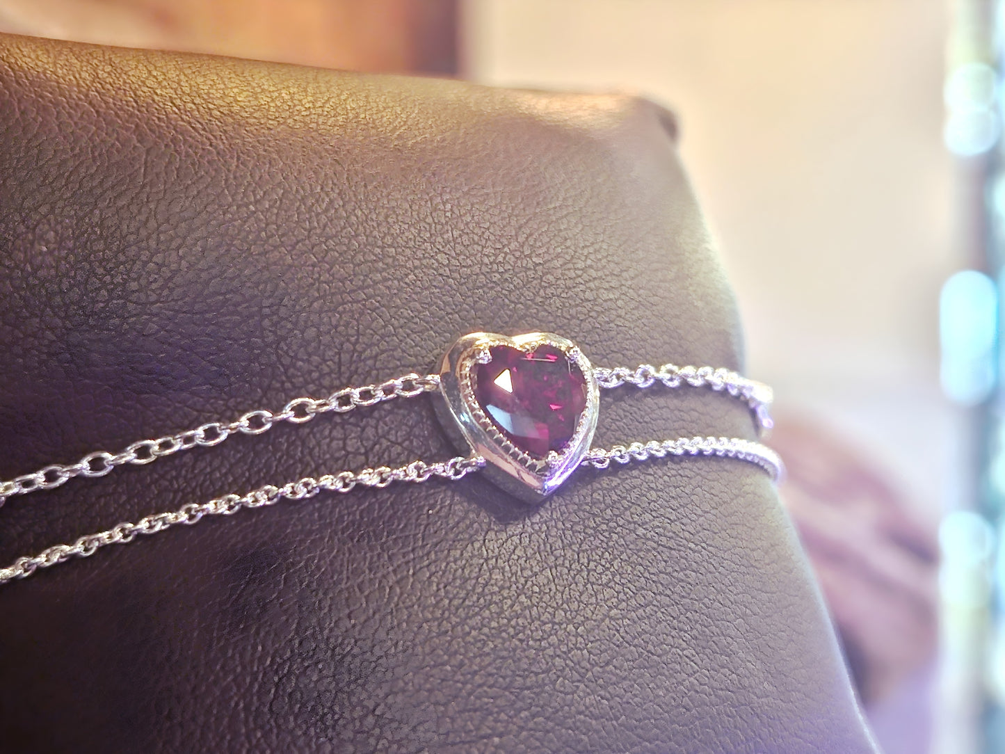 Two-Row Bracelet with Red Heart Stone Silver