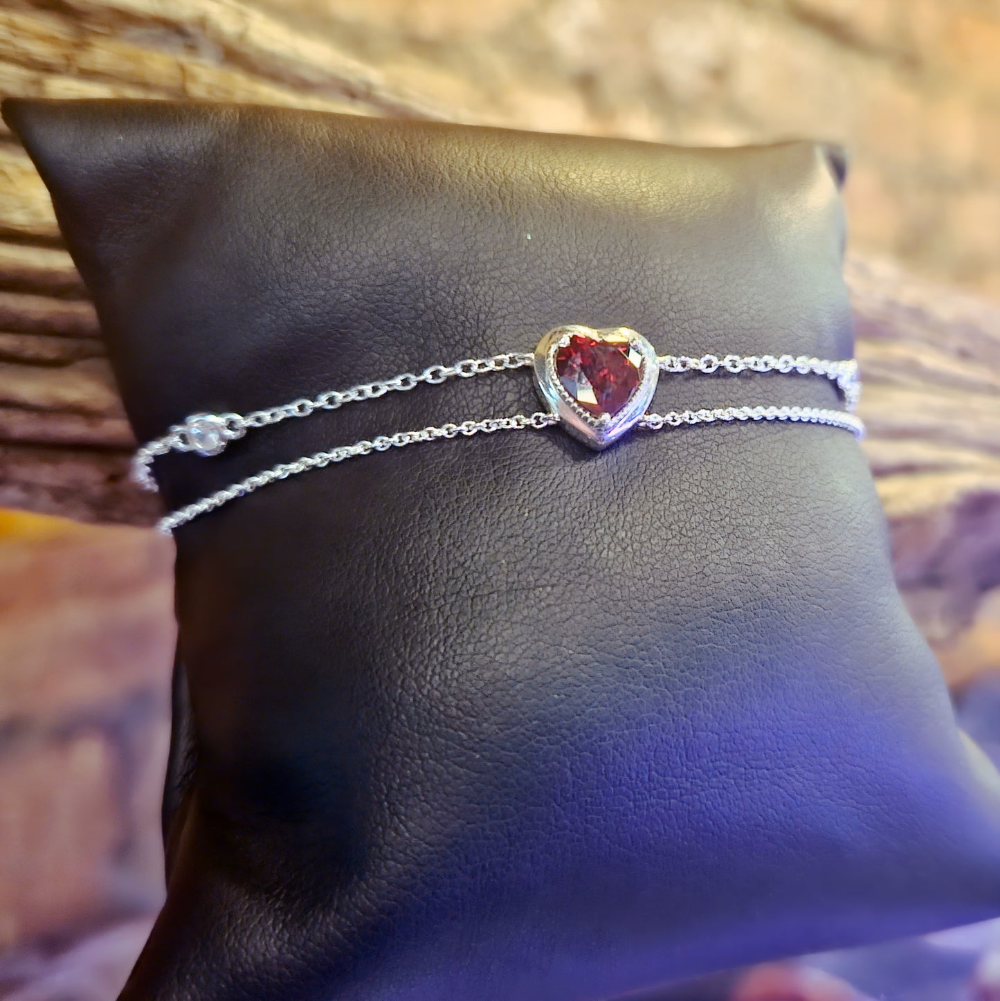 Two-Row Bracelet with Red Heart Stone Silver