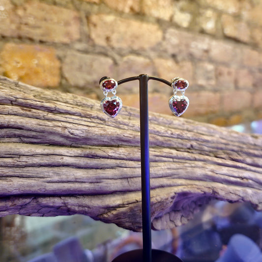 Stud Earrings w/ Red Heart Stones Silver