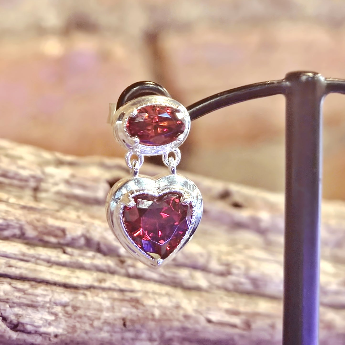 Stud Earrings w/ Red Heart Stones Silver