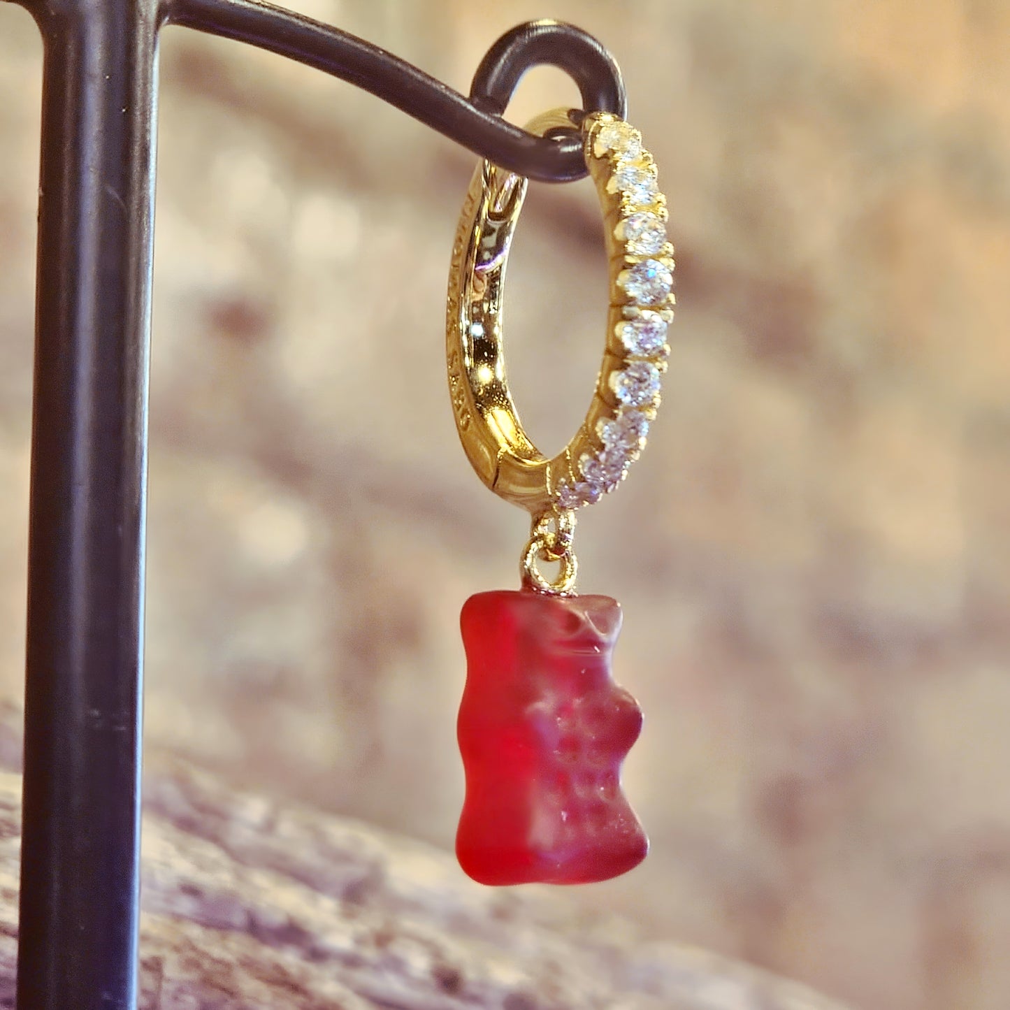Single Hoop Earring w\ Red Goldbear & Zirconia